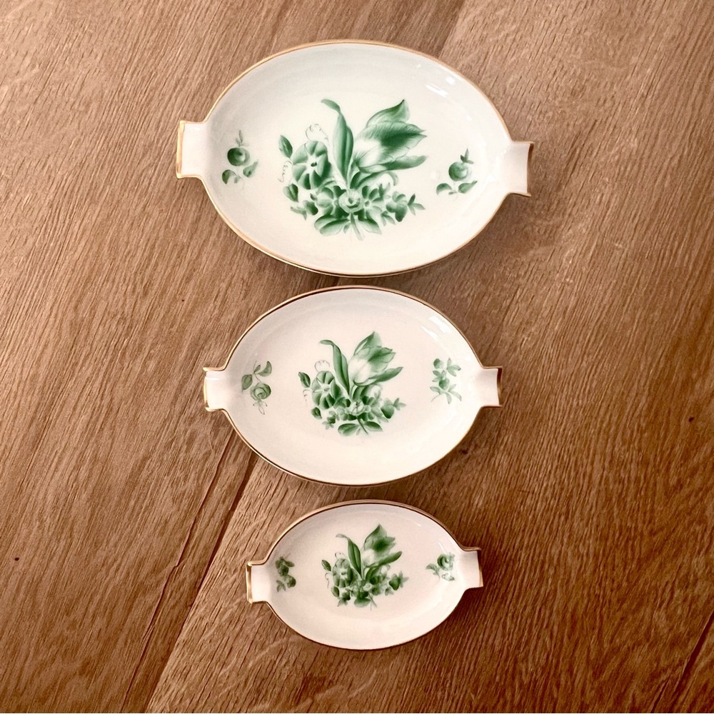 3 Pcs Set Vtg C1930s‎ Herend “Nyon” Morning Glory Porcelain Ashtray Trinket Dish